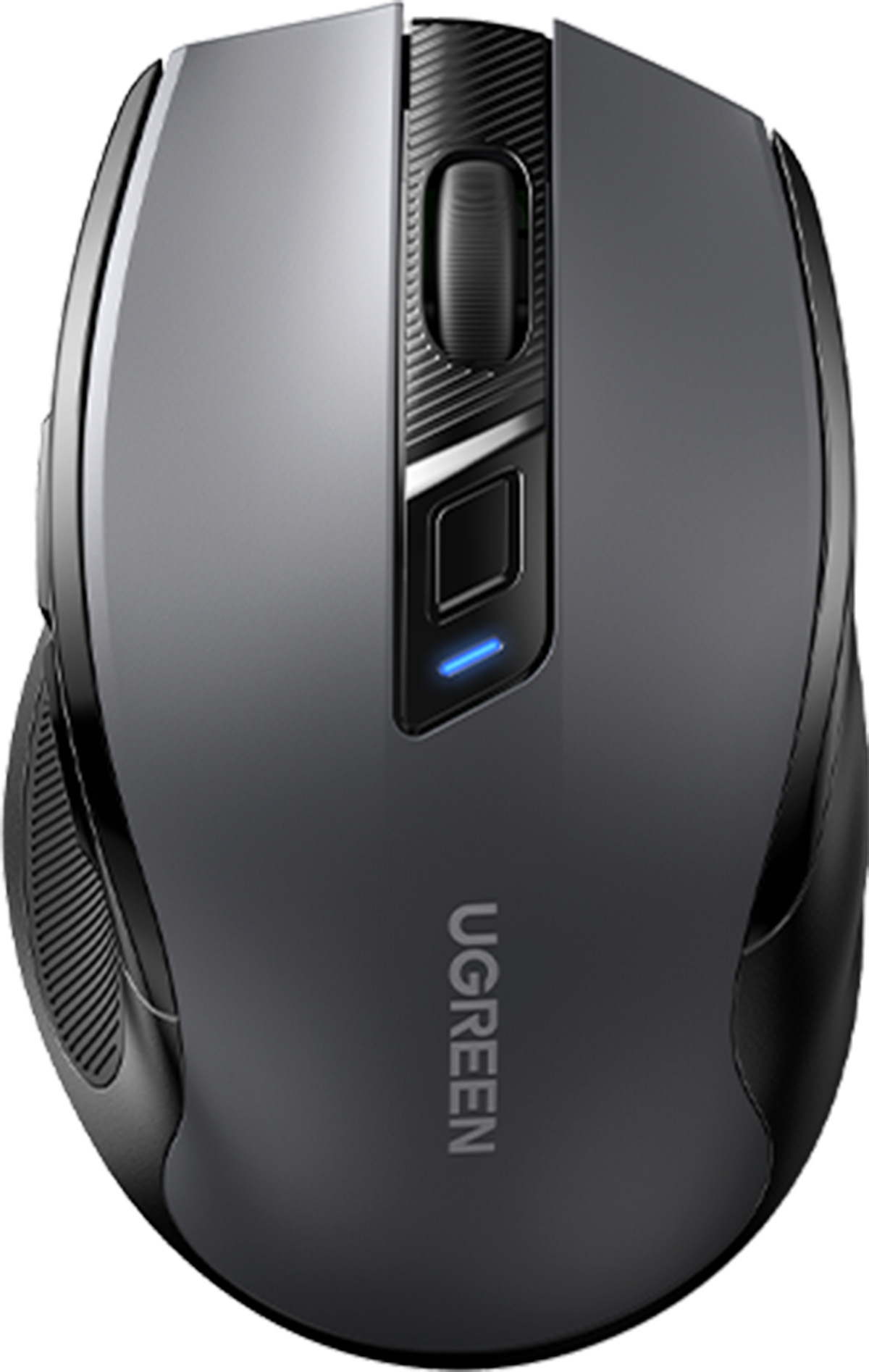 Mouse UGREEN grigio con rotella, pulsanti e LED blu.