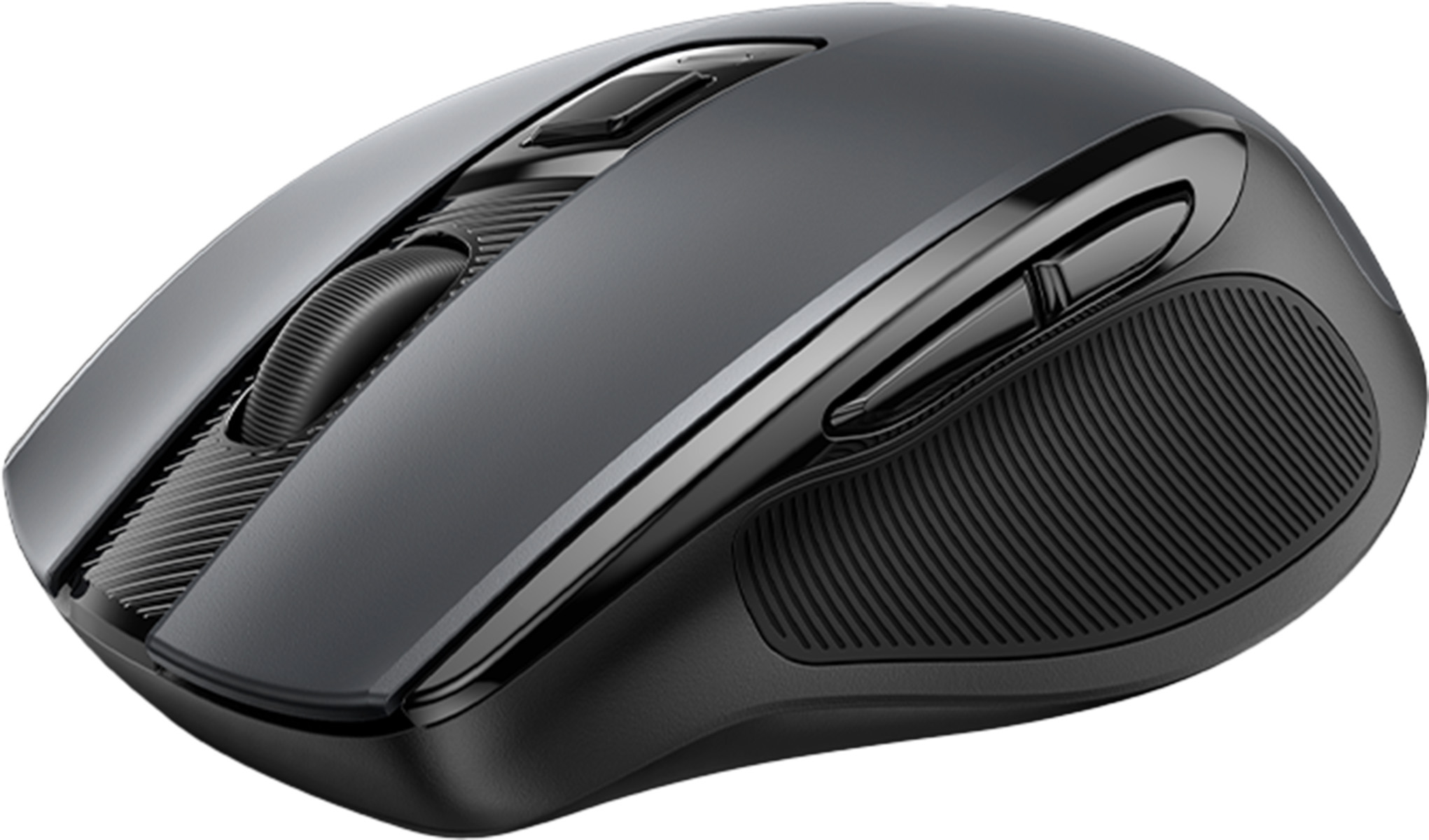 Un mouse wireless grigio per computer con rotellina e pulsanti.