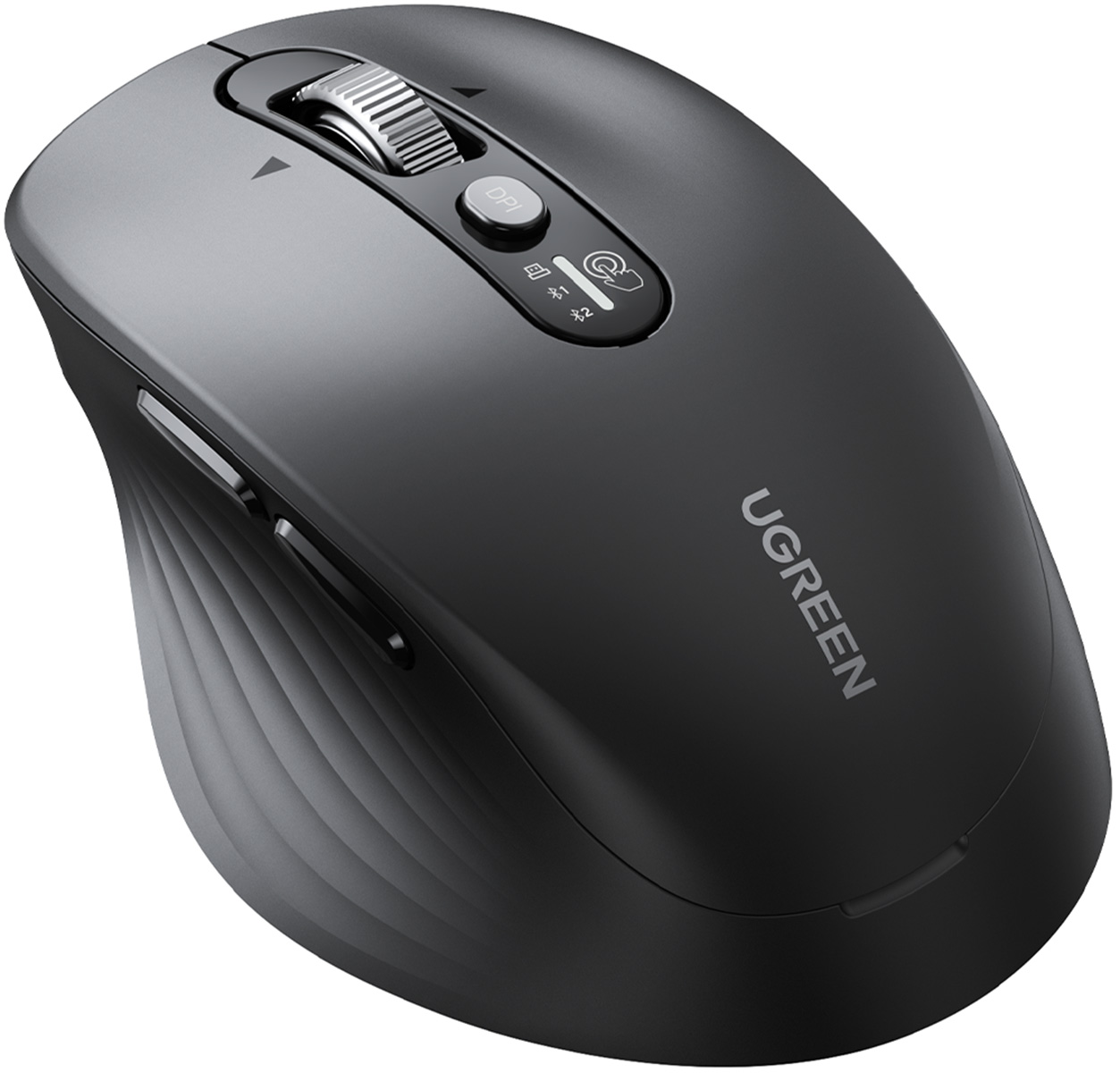 Un mouse ergonomico nero con rotellina, pulsante DPI e logo UGREEN.