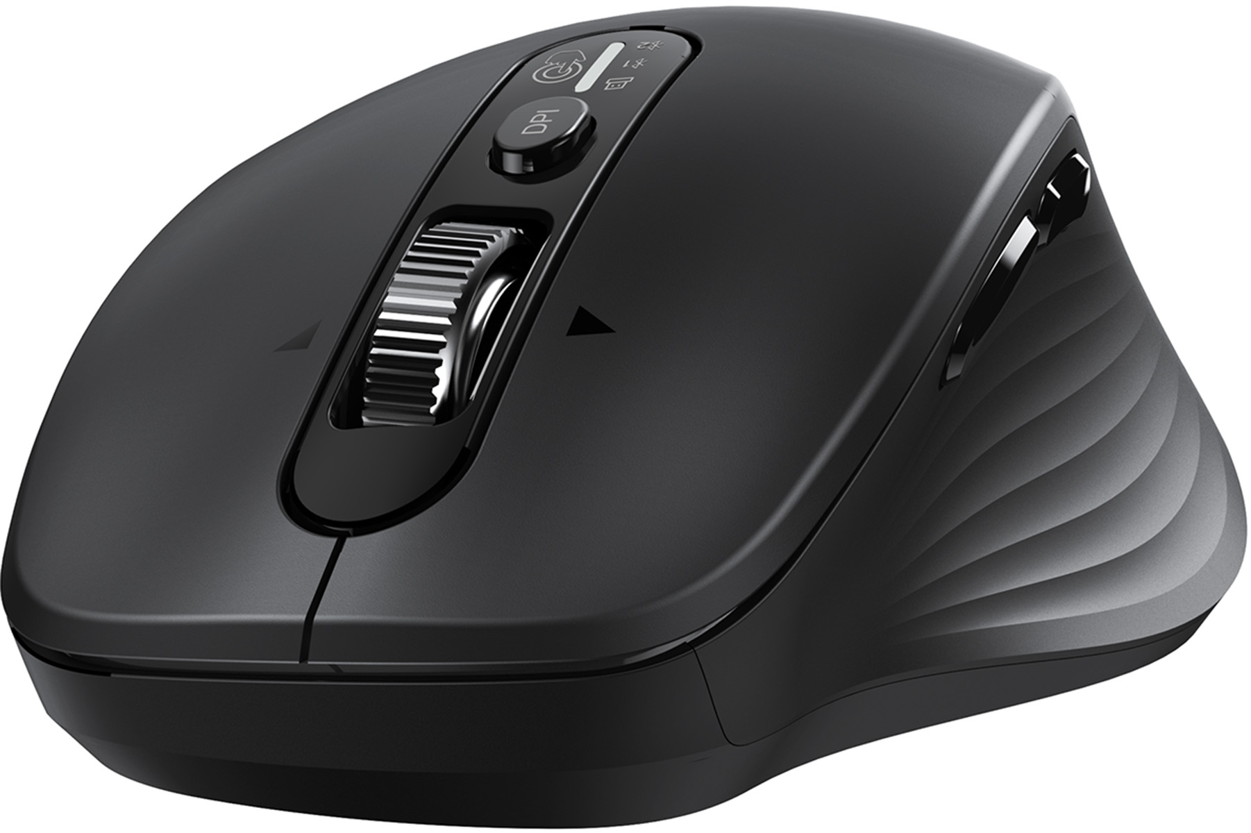 Un mouse per computer nero con rotellina di scorrimento e pulsante DPI.
