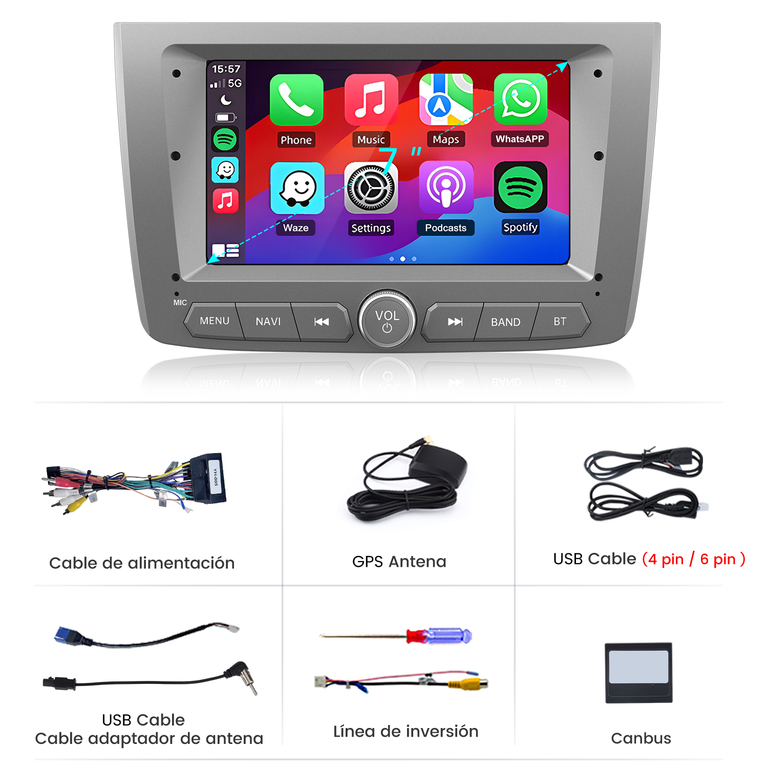Touchscreen autoradio con icone app, accessori mostrati sotto.