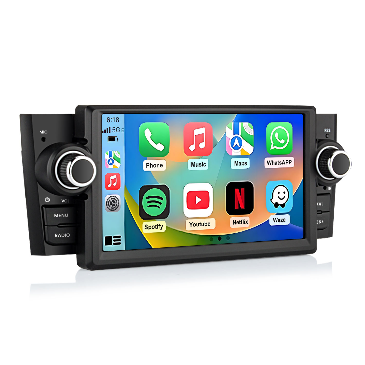 Un touchscreen per autoradio con icone di app: Telefono, Musica, Mappe, WhatsApp, Spotify, YouTube, Netflix, Waze.