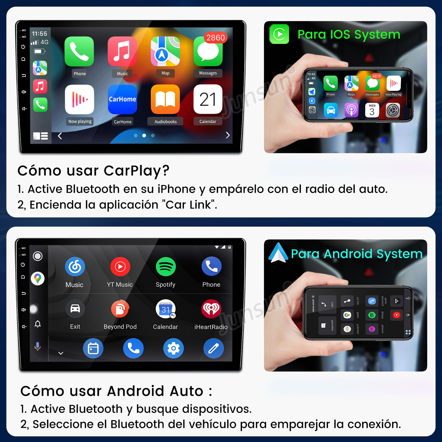 Instrucciones para CarPlay y Android Auto con iconos de apps en pantallas.