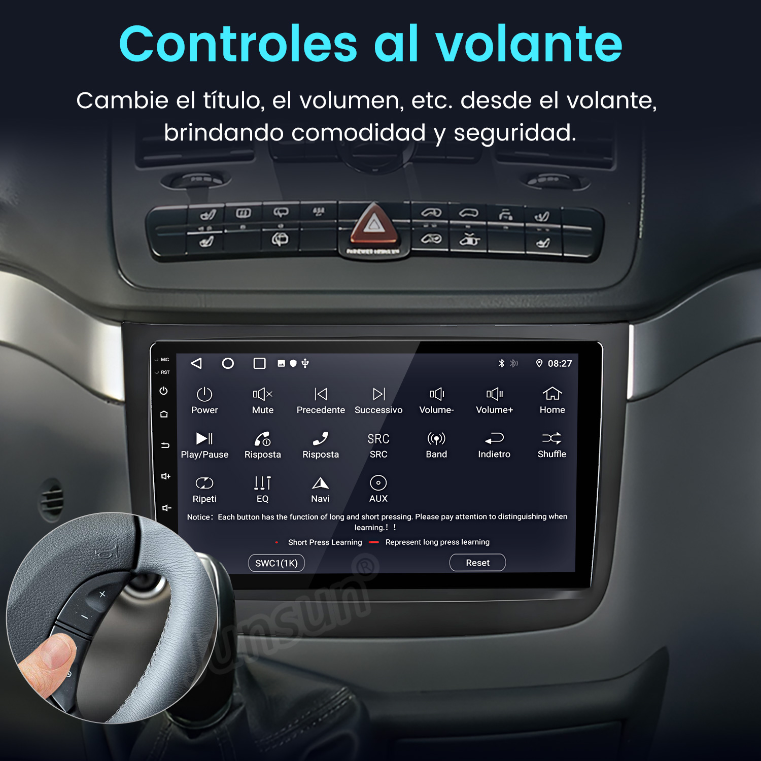Un volante con botones y una pantalla de radio de coche táctil.