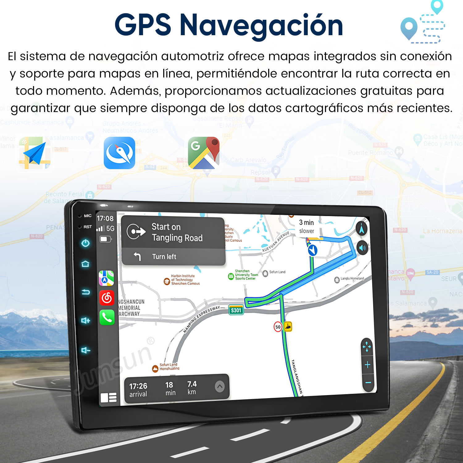 Un dispositivo de navegación GPS muestra un mapa con una ruta. Iconos de apps y ajustes a la izquierda.
