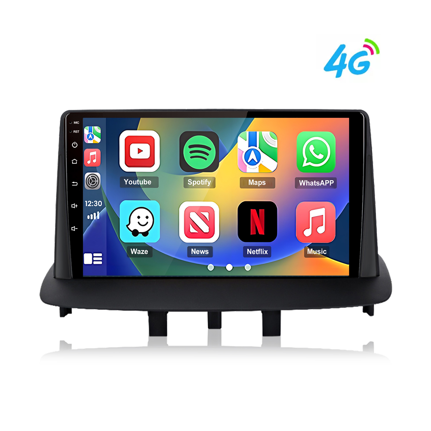 Ein Autoradio-Bildschirm mit Apps wie YouTube, Spotify, Maps, WhatsApp, Waze, News, Netflix, Musik.