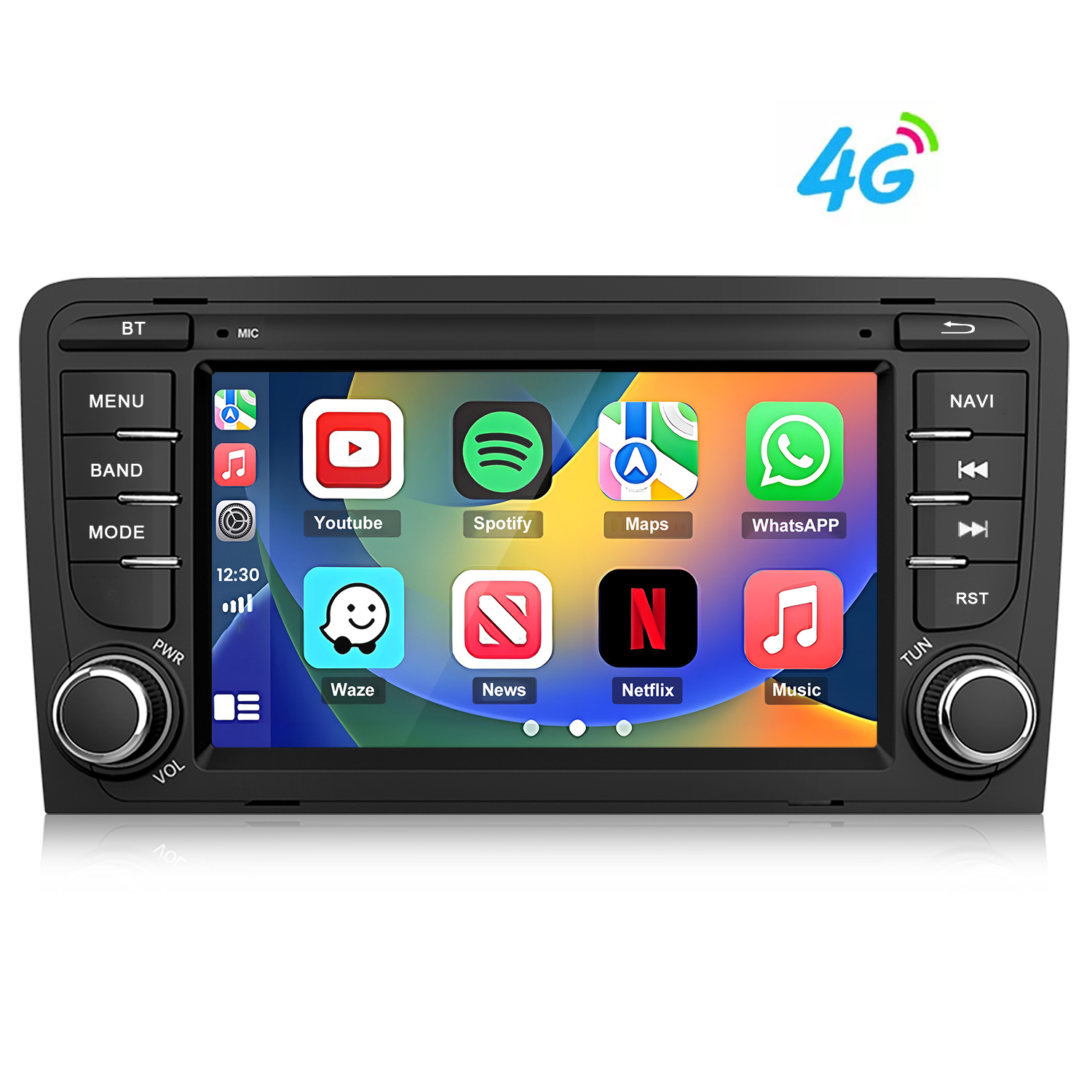 Autoradio con touchscreen che mostra app come YouTube, Spotify, Mappe, WhatsApp, Netflix.