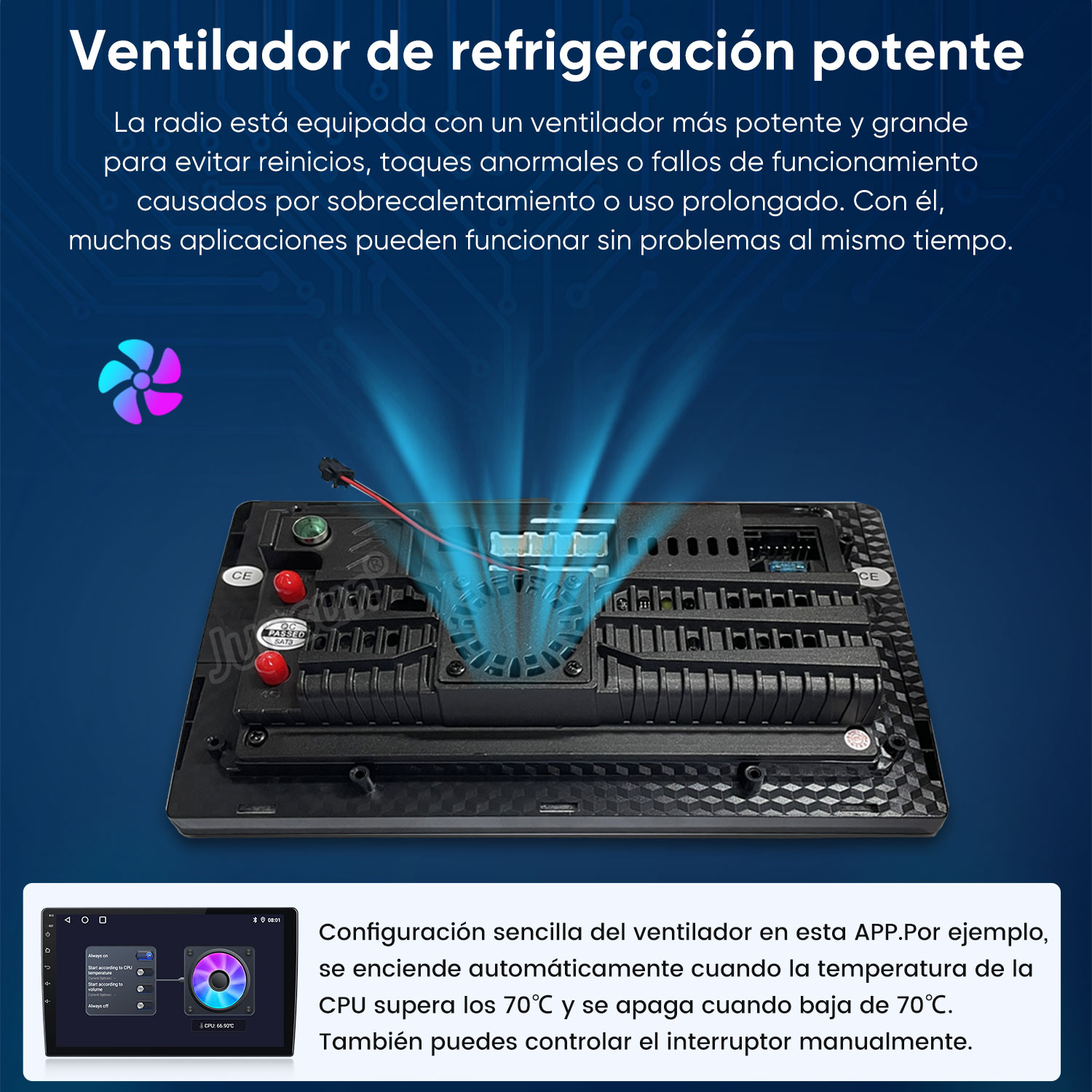 Parte trasera de un ventilador con rayos de enfriamiento azules y pantalla.