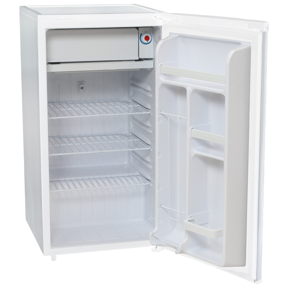 Un refrigerador blanco y abierto con tres estantes y una puerta.