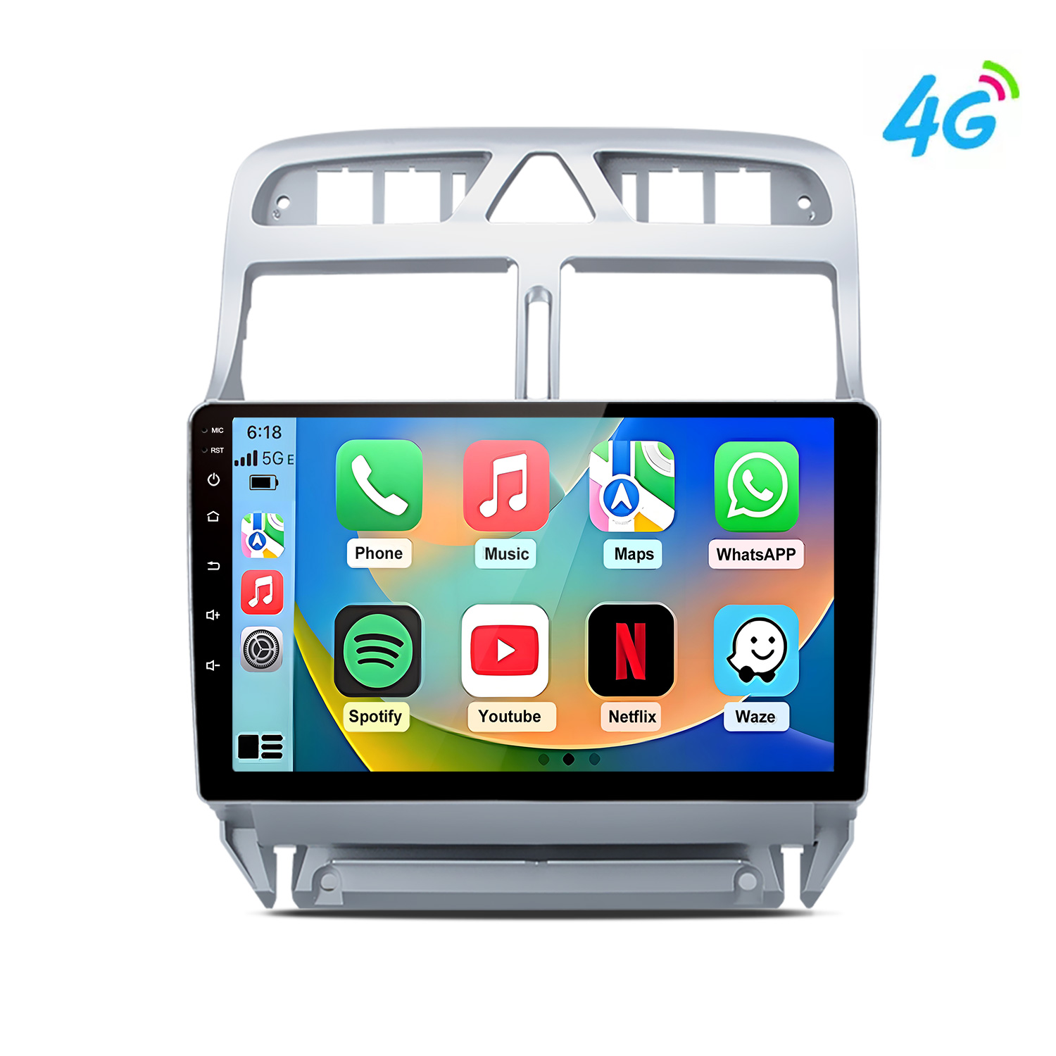 Ein Autoradio-Display mit App-Symbolen wie Telefon, Musik, Karten und 4G-Logo.