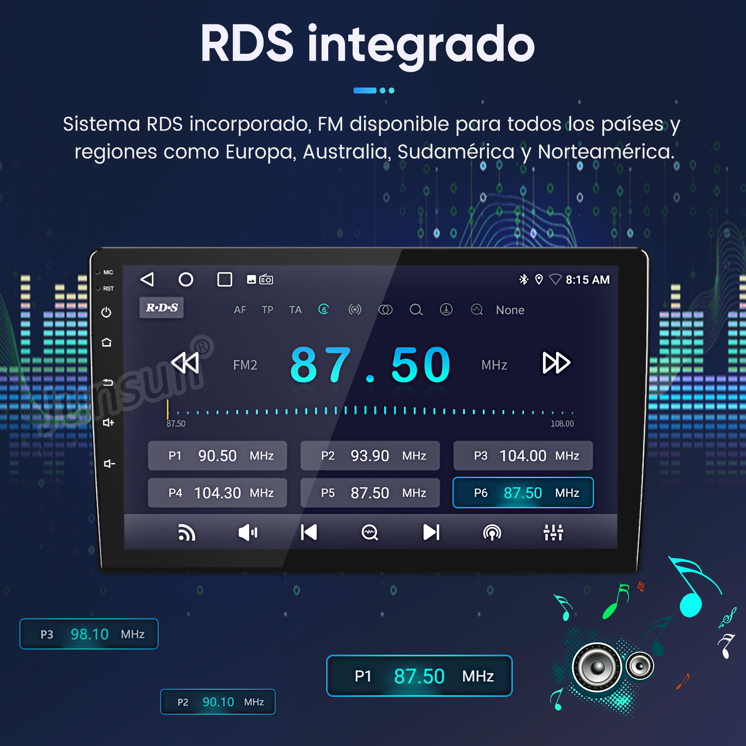 Una pantalla de estéreo de coche muestra funciones RDS integradas, con la frecuencia de radio FM 87.50 MHz seleccionada entre los preajustes.