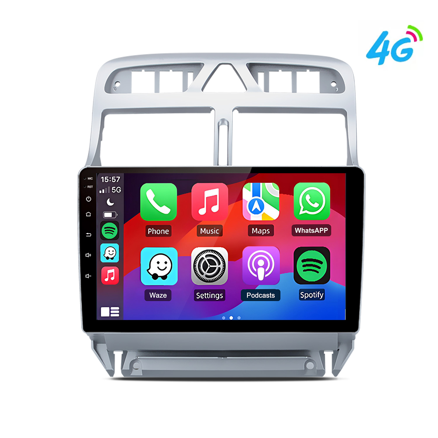 Ein Autoradio-Touchscreen mit App-Symbolen wie Telefon, Musik und WhatsApp.