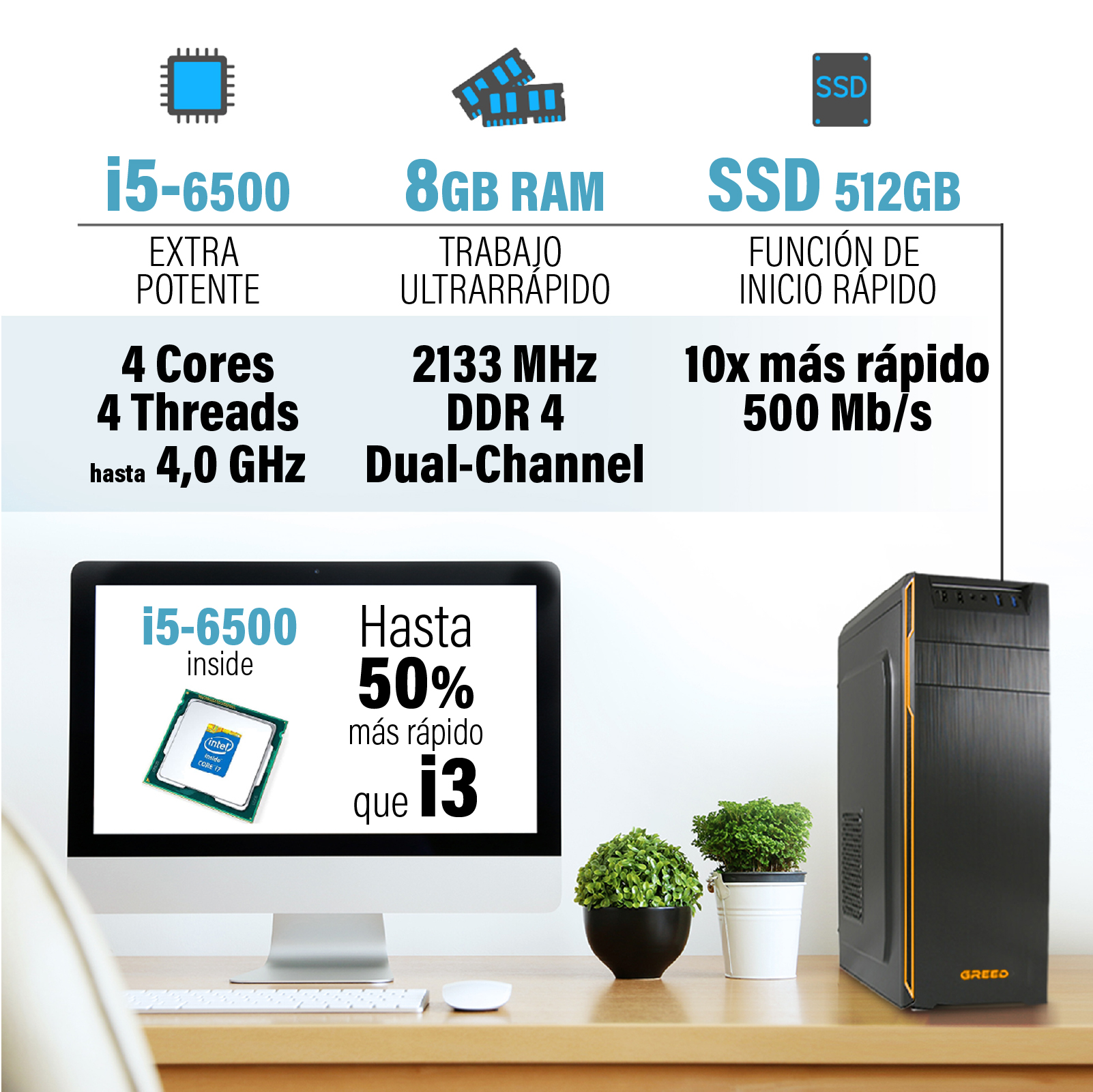Una configuración de PC con monitor, teclado, ratón, CPU, RAM, SSD y caja.