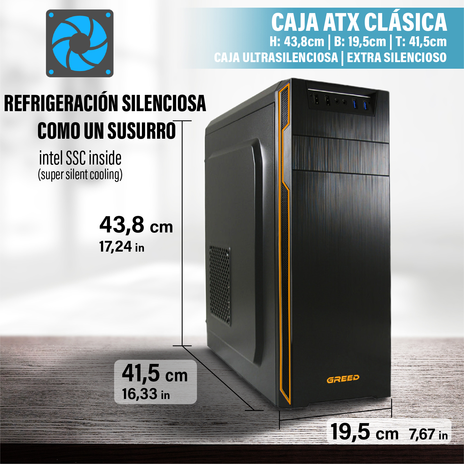 Caja de PC ATX negra con detalles naranjas, sobre una mesa de madera.