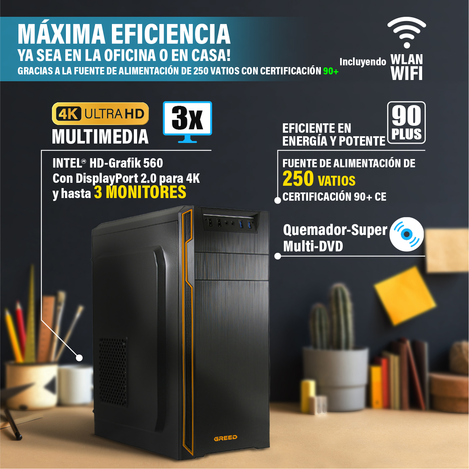 Torre de PC negra con detalles naranjas, info multimedia 4K y fuente de 250W.