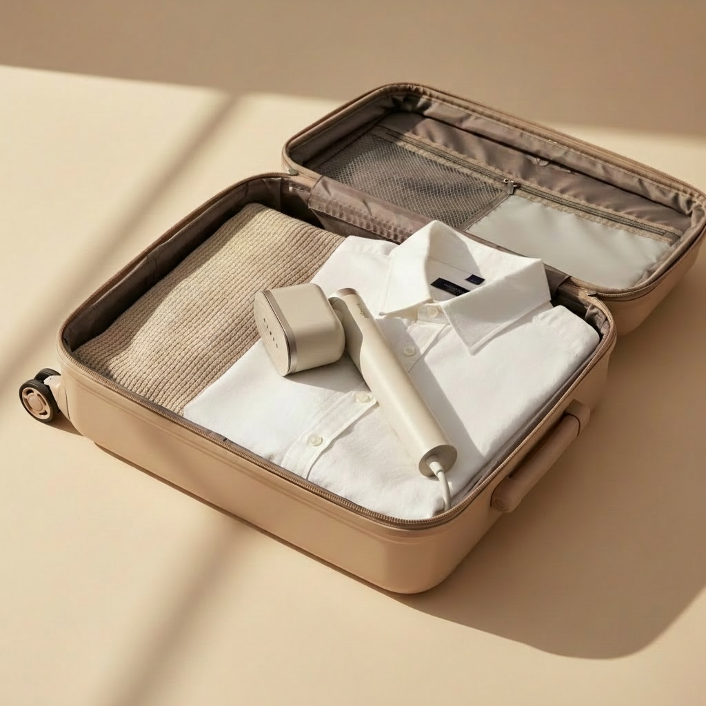 A beige suitcase packed with clothes and a handheld steamer.