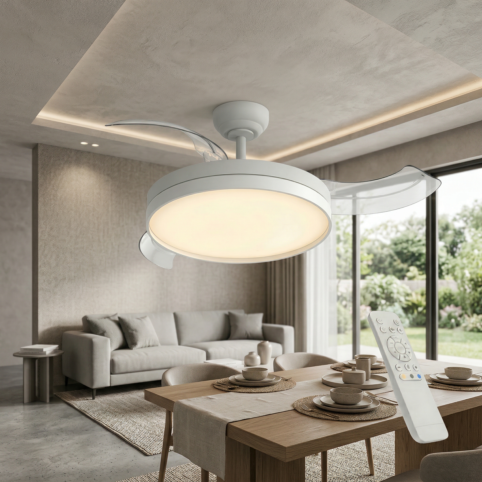 Un ventilador de techo blanco con luz sobre una mesa de comedor, control remoto al lado.