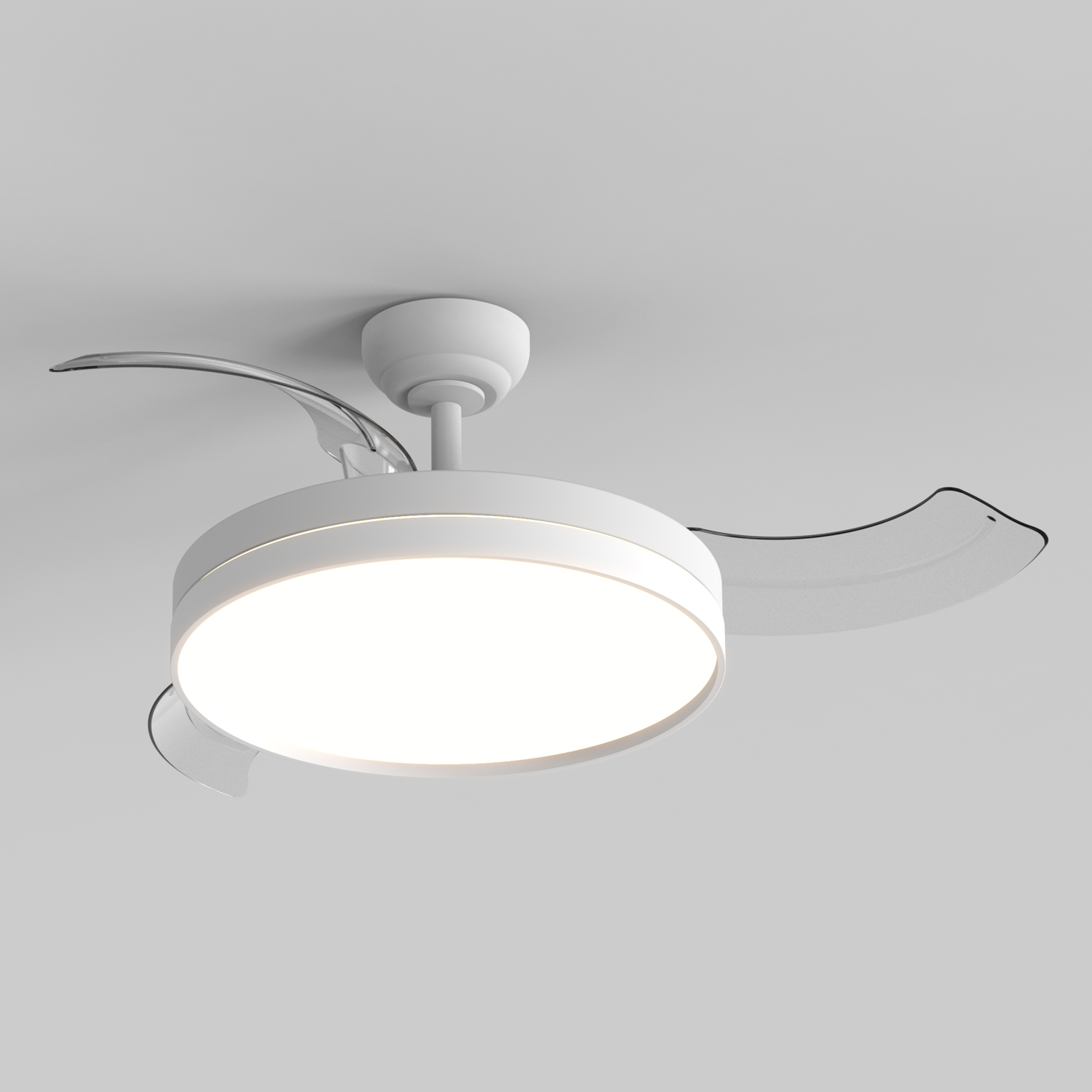 Un ventilador de techo blanco moderno con luz y aspas transparentes.