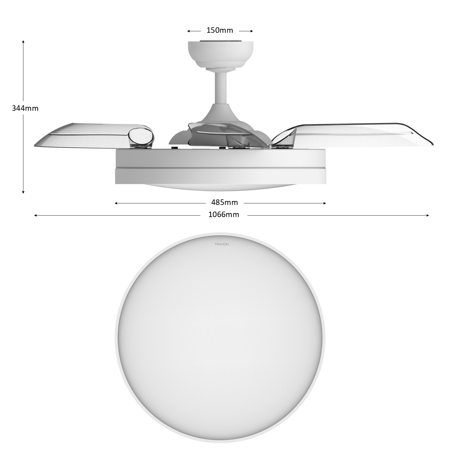 Luz de ventilador de techo blanca con aspas transparentes y dimensiones.