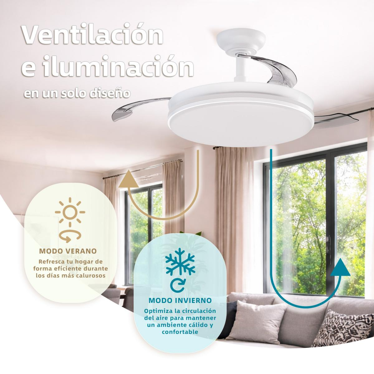 Ventilador de techo con luz para modos verano e invierno en sala.