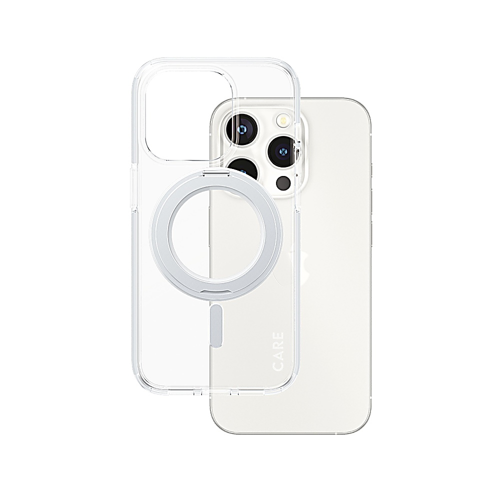 Transparente Handyhülle mit Magnetring auf einem hellen Smartphone.