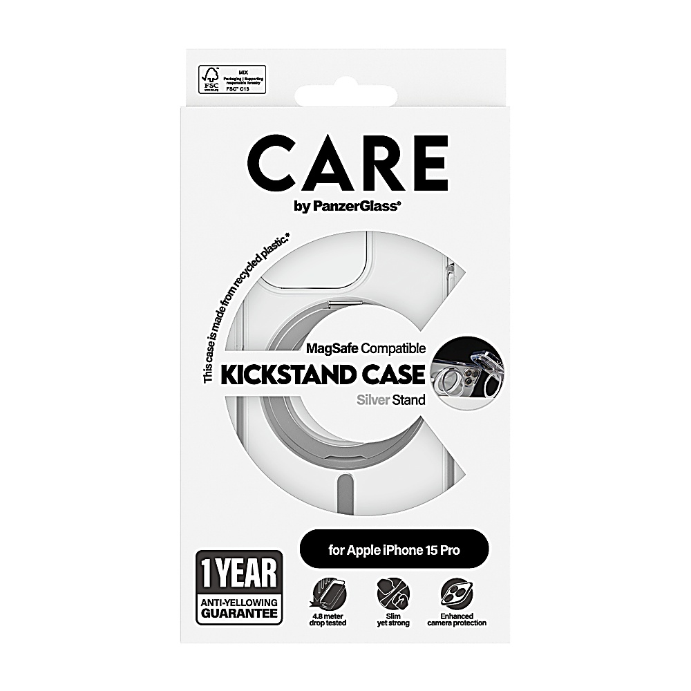 Verpackung für CARE KICKSTAND CASE von PanzerGlass für iPhone 15 Pro.