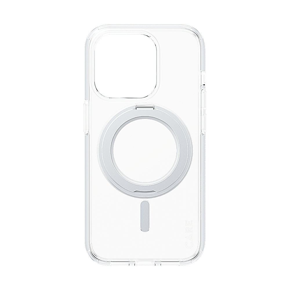 Transparente Handyhülle mit weißem Magnetring und Ladeanzeige.