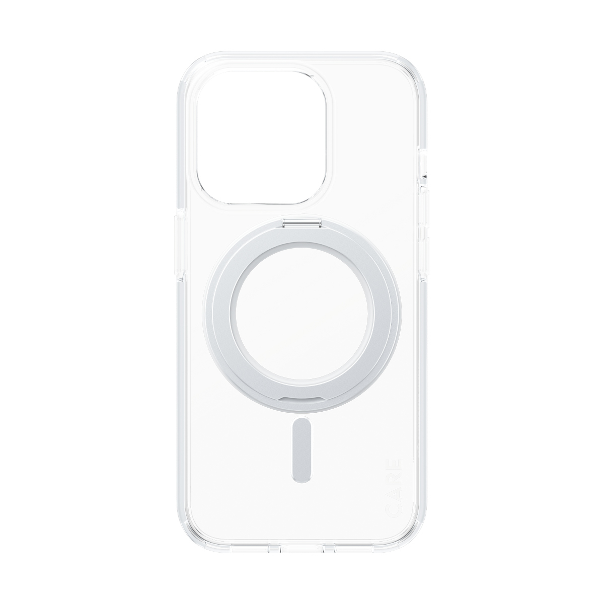 Transparente Handyhülle mit weißem Magnetring und Aussparung für die Kamera.