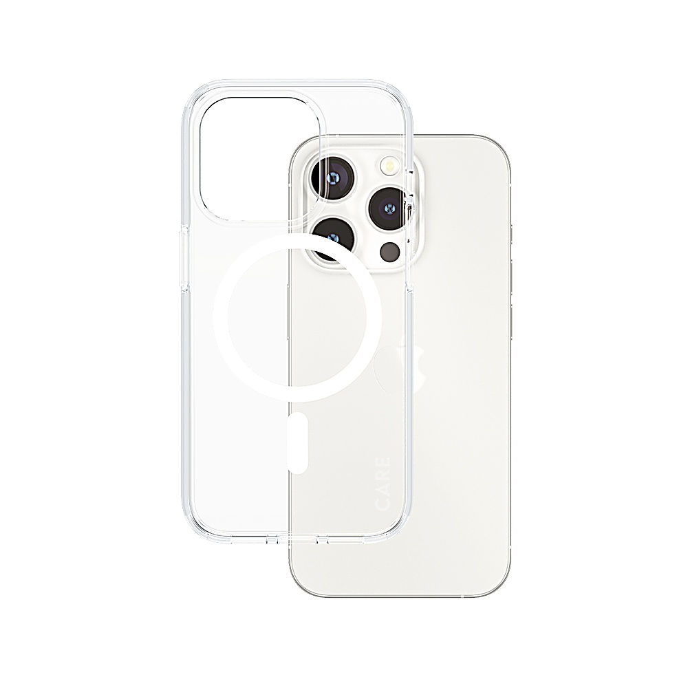 Transparente Handyhülle über einem weißen Smartphone mit drei Kameras.