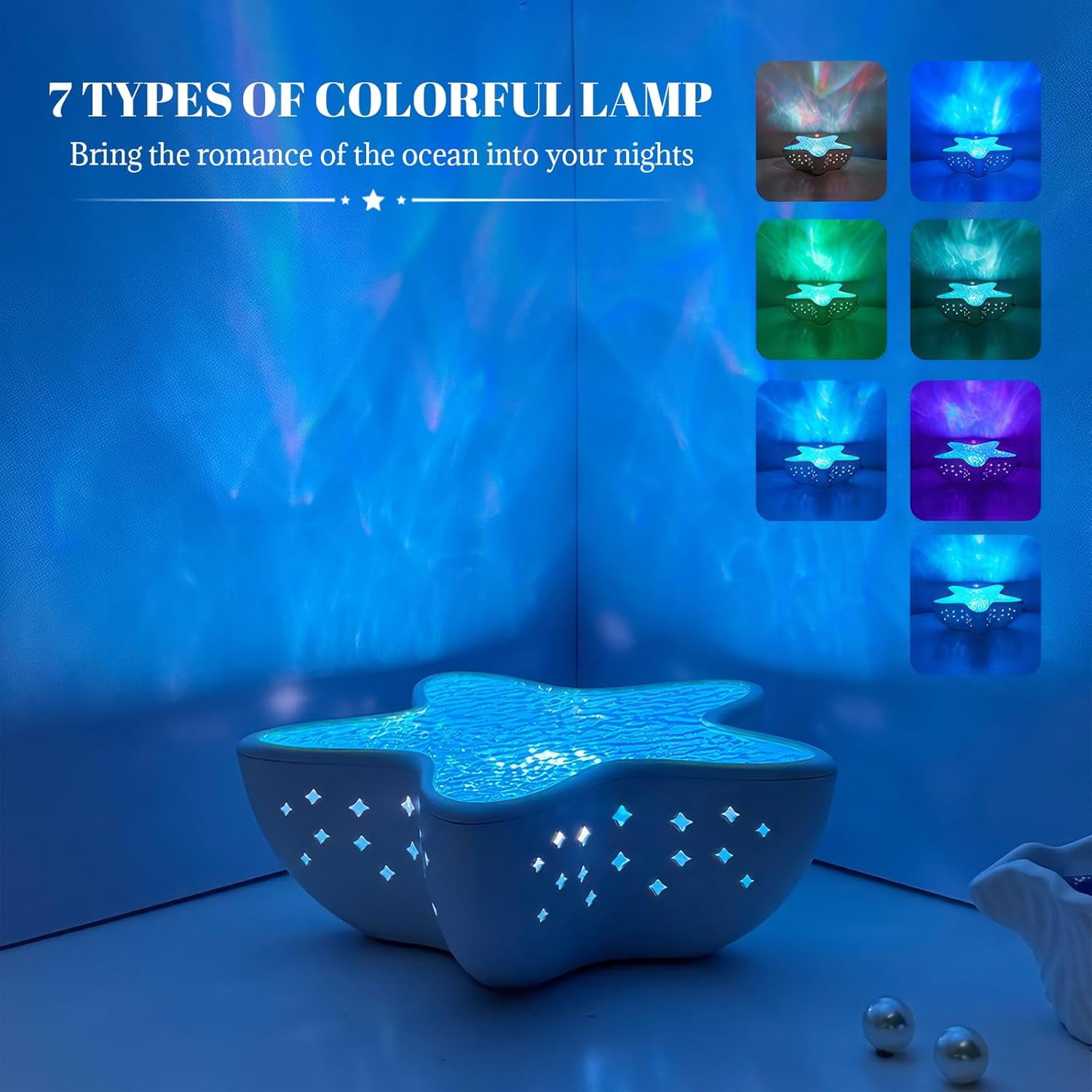Ein sternförmiger Projektor wirft blaues Licht und Sterne an eine Wand.