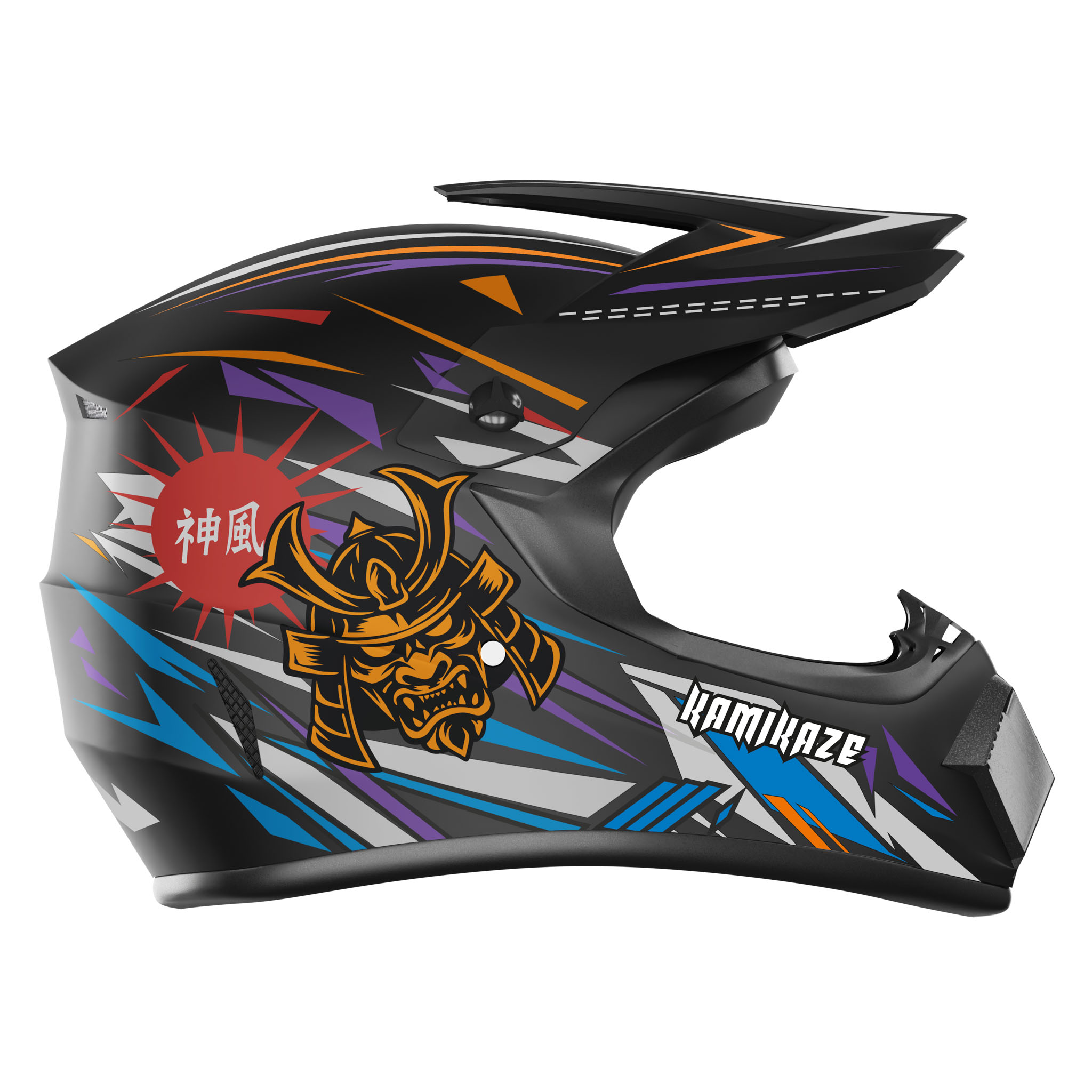 Schwarzer Helm mit Samurai-Masken-Design, roten, blauen, orangen und lila Streifen.
