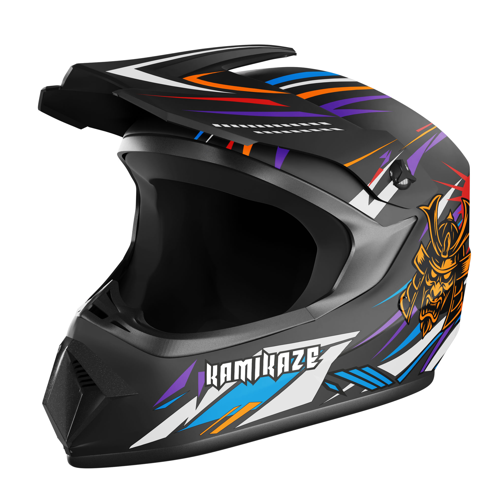 Schwarzer Helm mit buntem "Kamikaze"-Design und Samurai-Motiv.