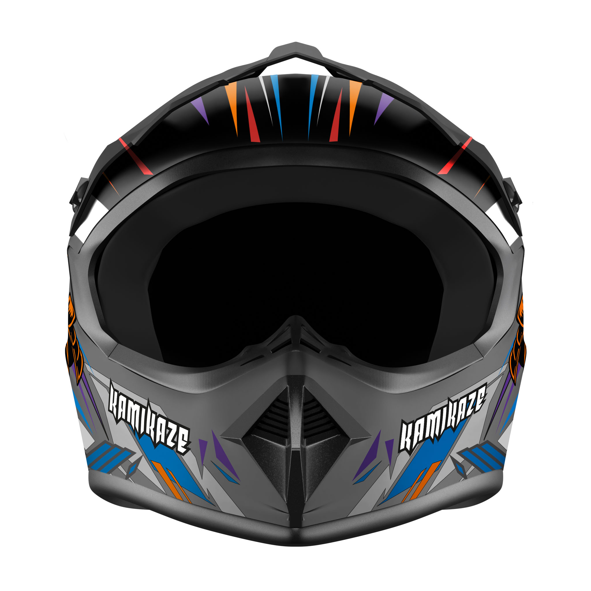 Grauer Helm mit bunten Streifen und Aufdruck "Kamikaze".