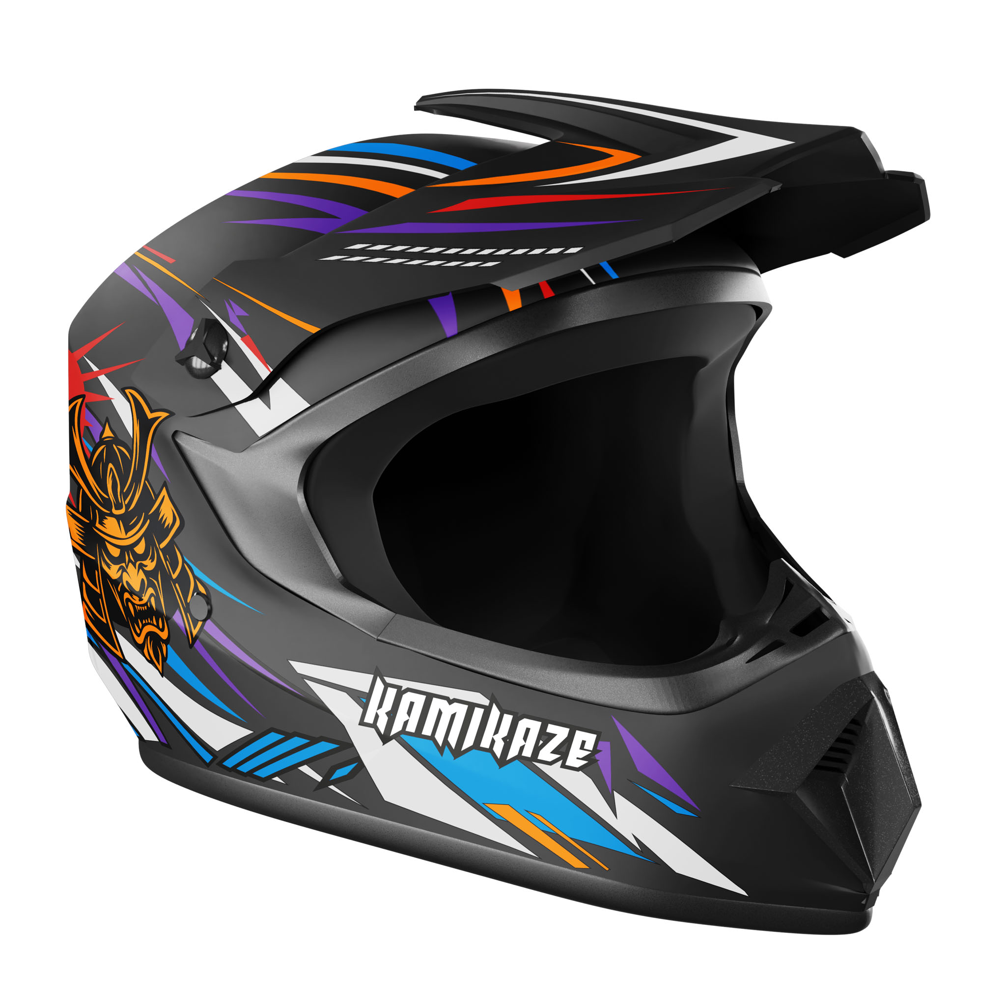 Schwarzer Helm mit Samurai-Aufdruck und bunten Grafiken.