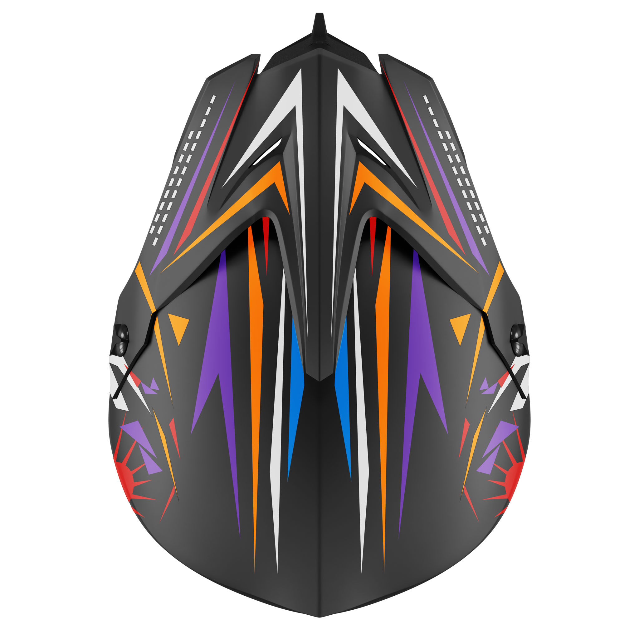 Schwarzer Helm mit bunten Streifen und geometrischen Mustern.