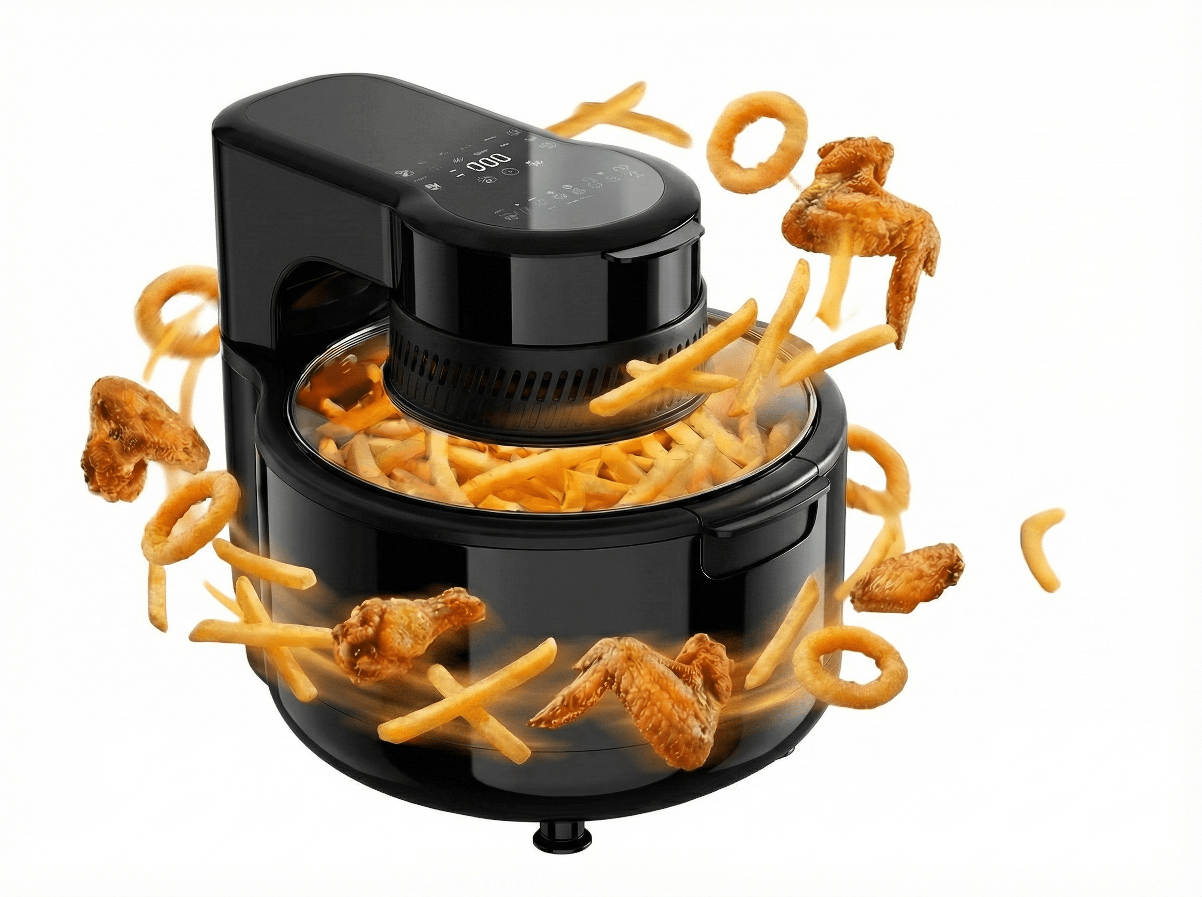 Ein schwarzer Heißluftfritteuse mit Pommes und Hähnchenteilen im Flug.