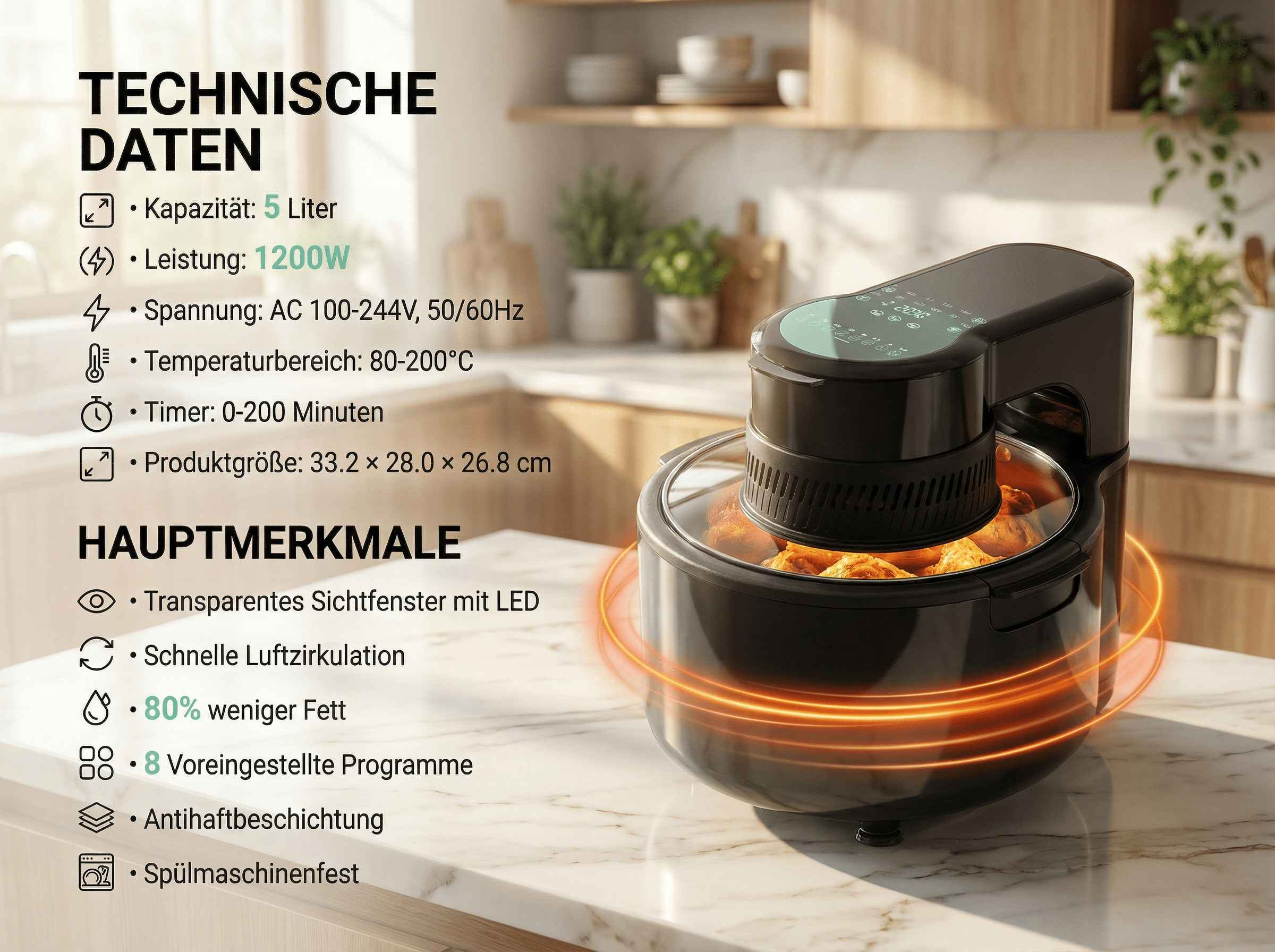 Schwarzer Heißluftfritteuse mit 5L Kapazität und digitalen Bedienelementen auf Arbeitsplatte.