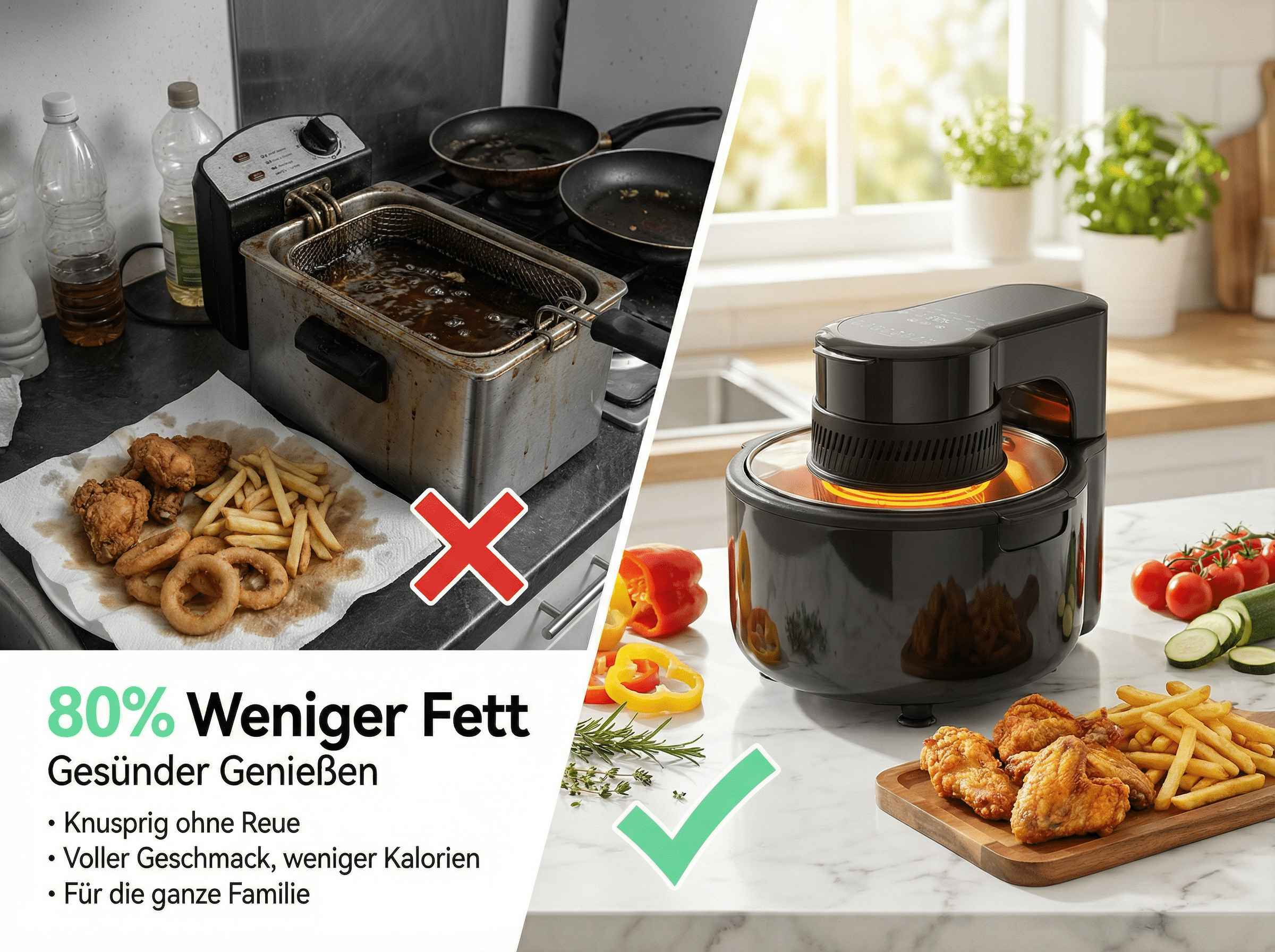 Vergleich von Frittierfett und Heißluftfritteuse mit Pommes, Hähnchen & Gemüse.