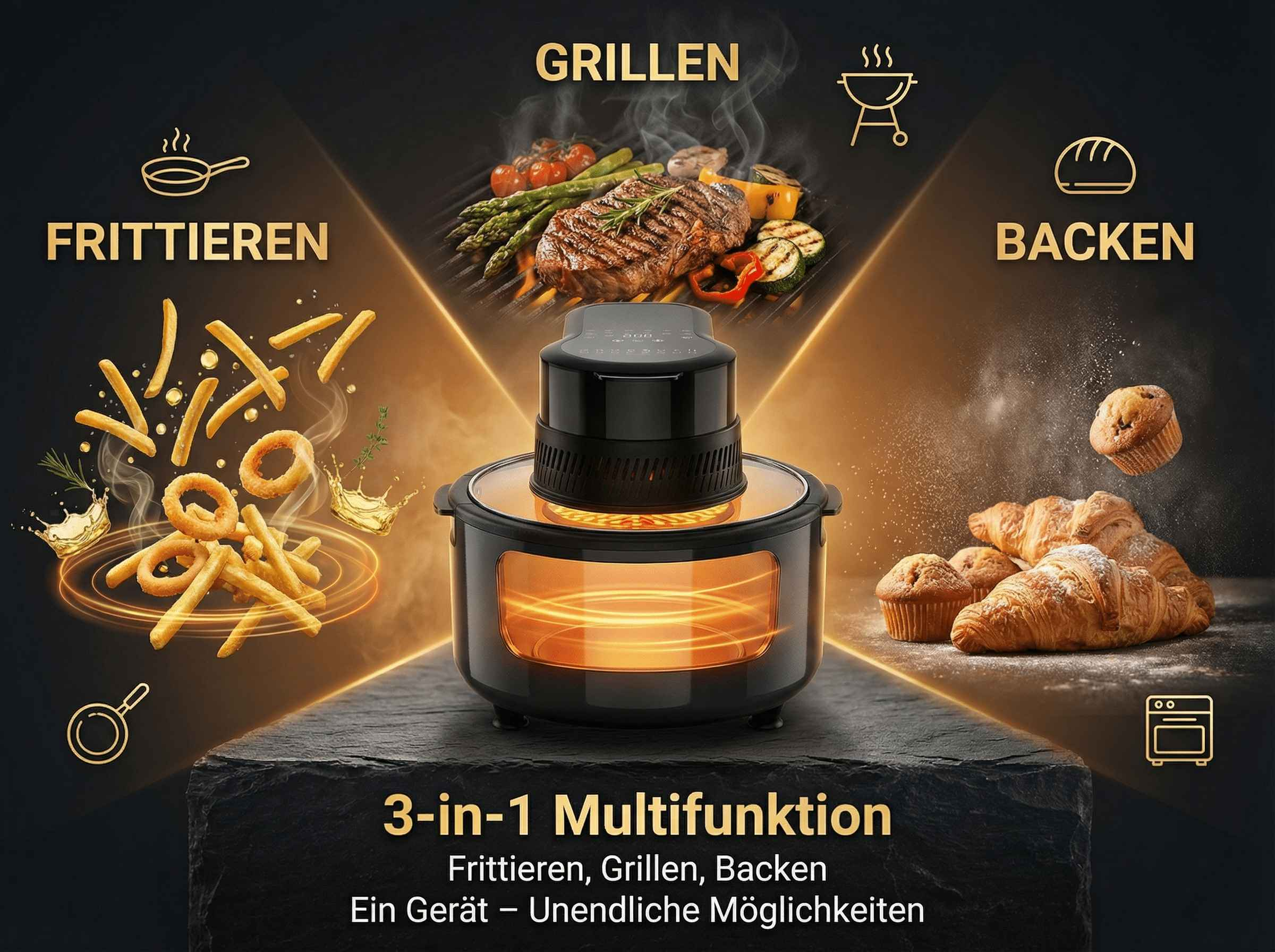 Ein 3-in-1 Multifunktionsgerät: Frittieren, Grillen, Backen mit köstlichen Speisen.
