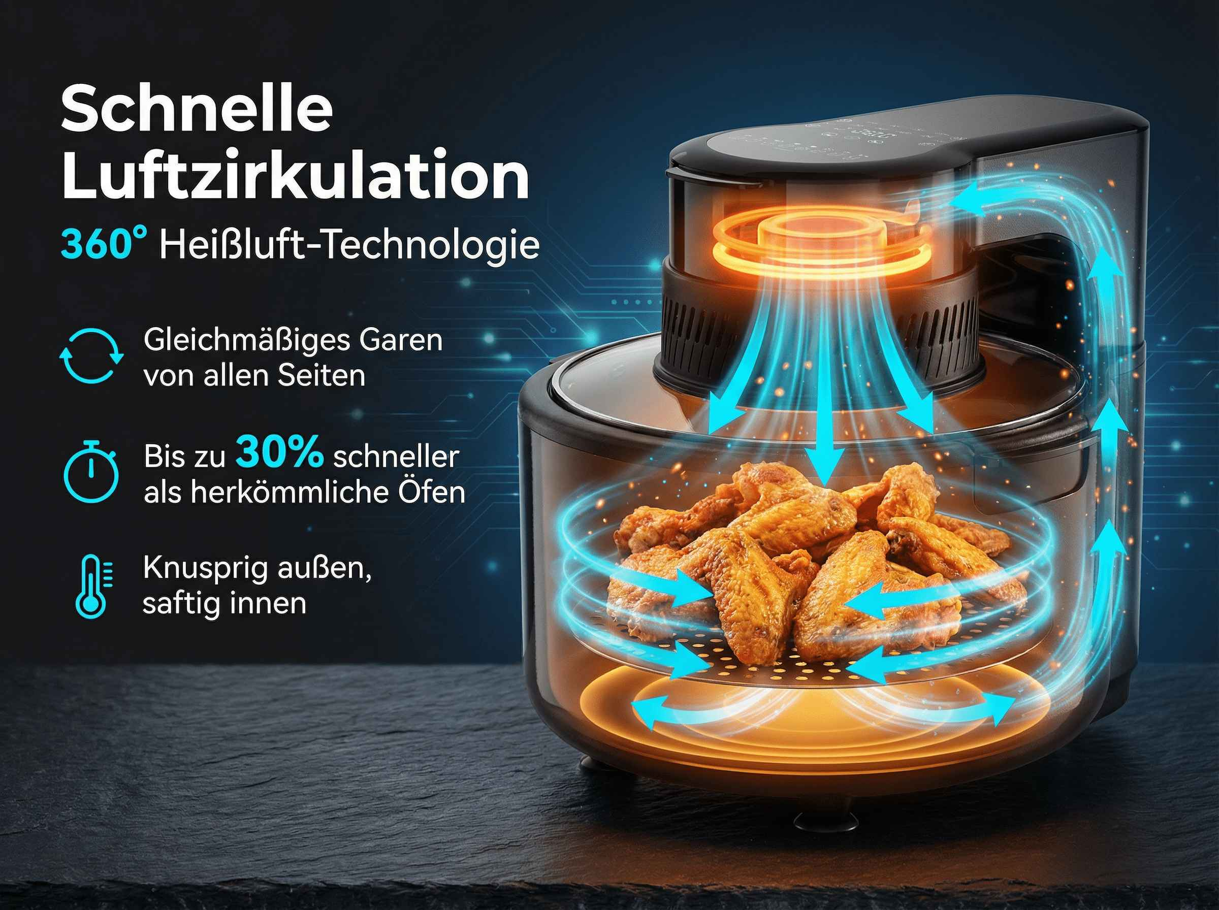 Airfryer mit Hähnchenflügeln und Heißluftzirkulation.