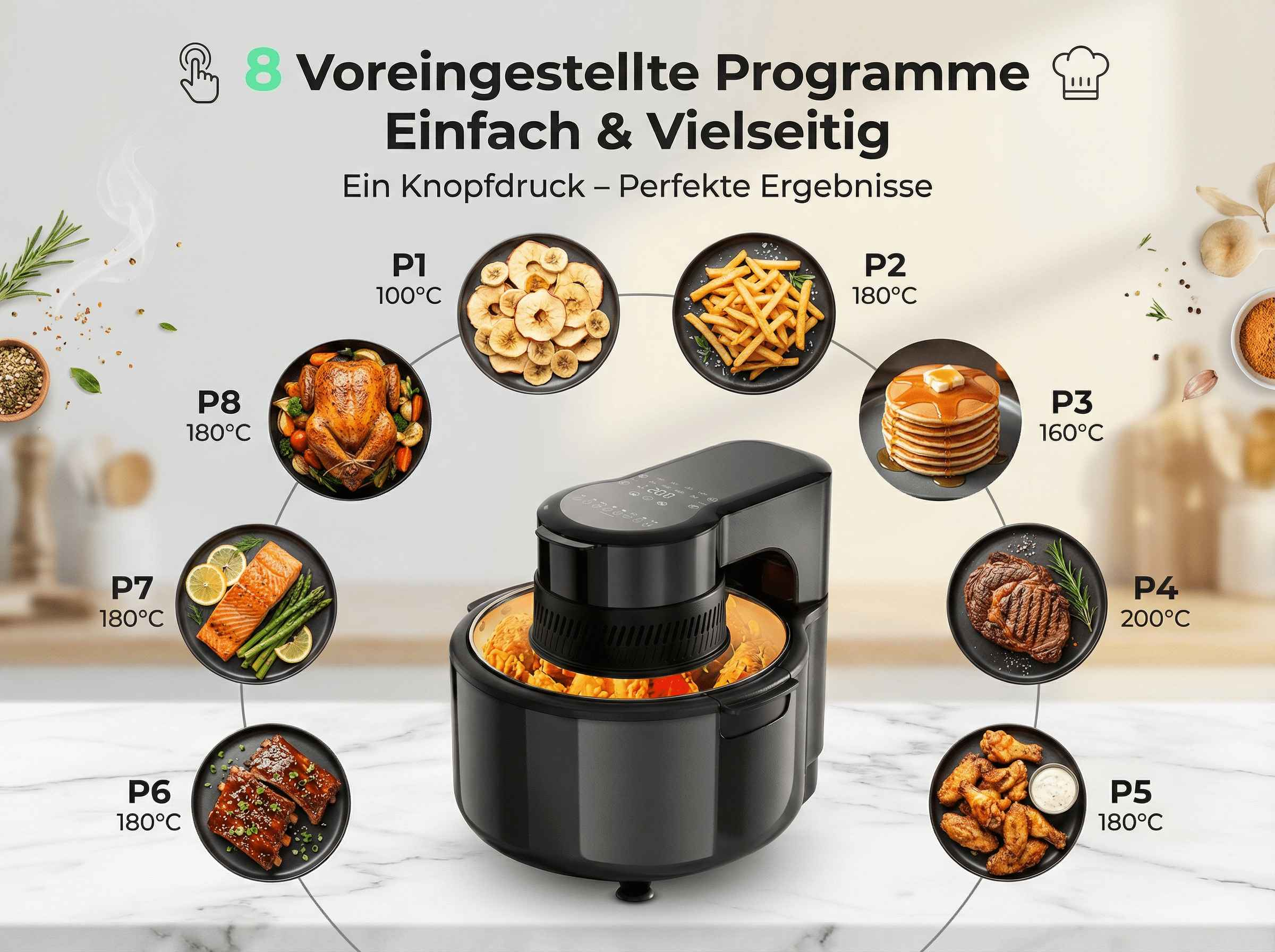 Ein schwarzer Heißluftfritteuse mit 8 Kochprogrammen und verschiedenen Gerichten.