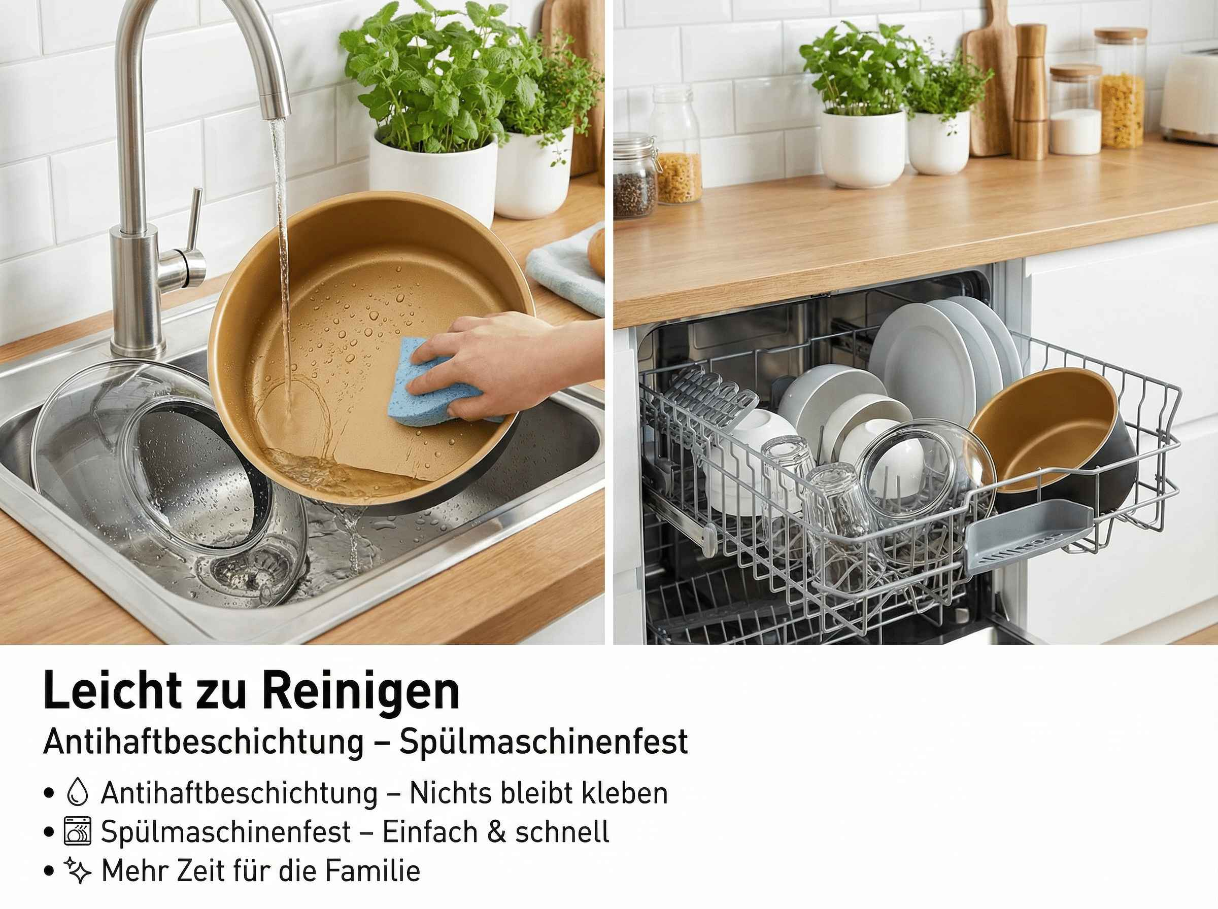 Eine Pfanne wird im Spülbecken gereinigt, daneben eine offene Spülmaschine.
