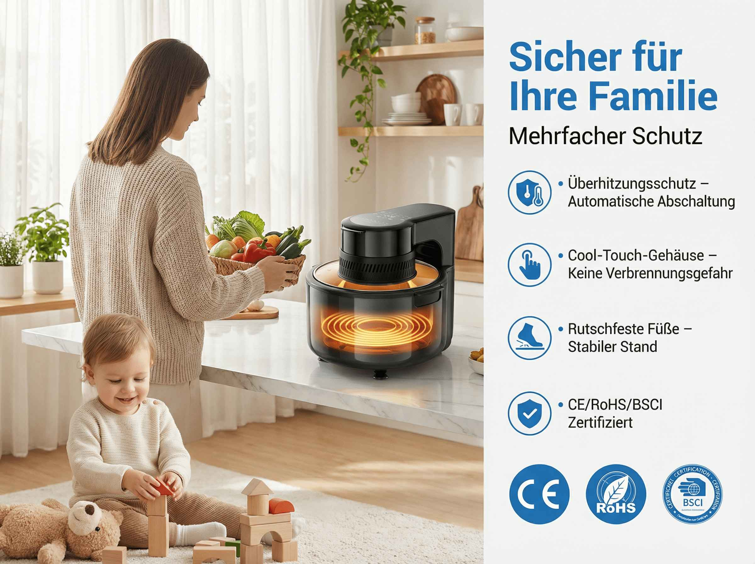 Eine Frau und ein Baby in einer Küche mit einem Airfryer und Gemüse.