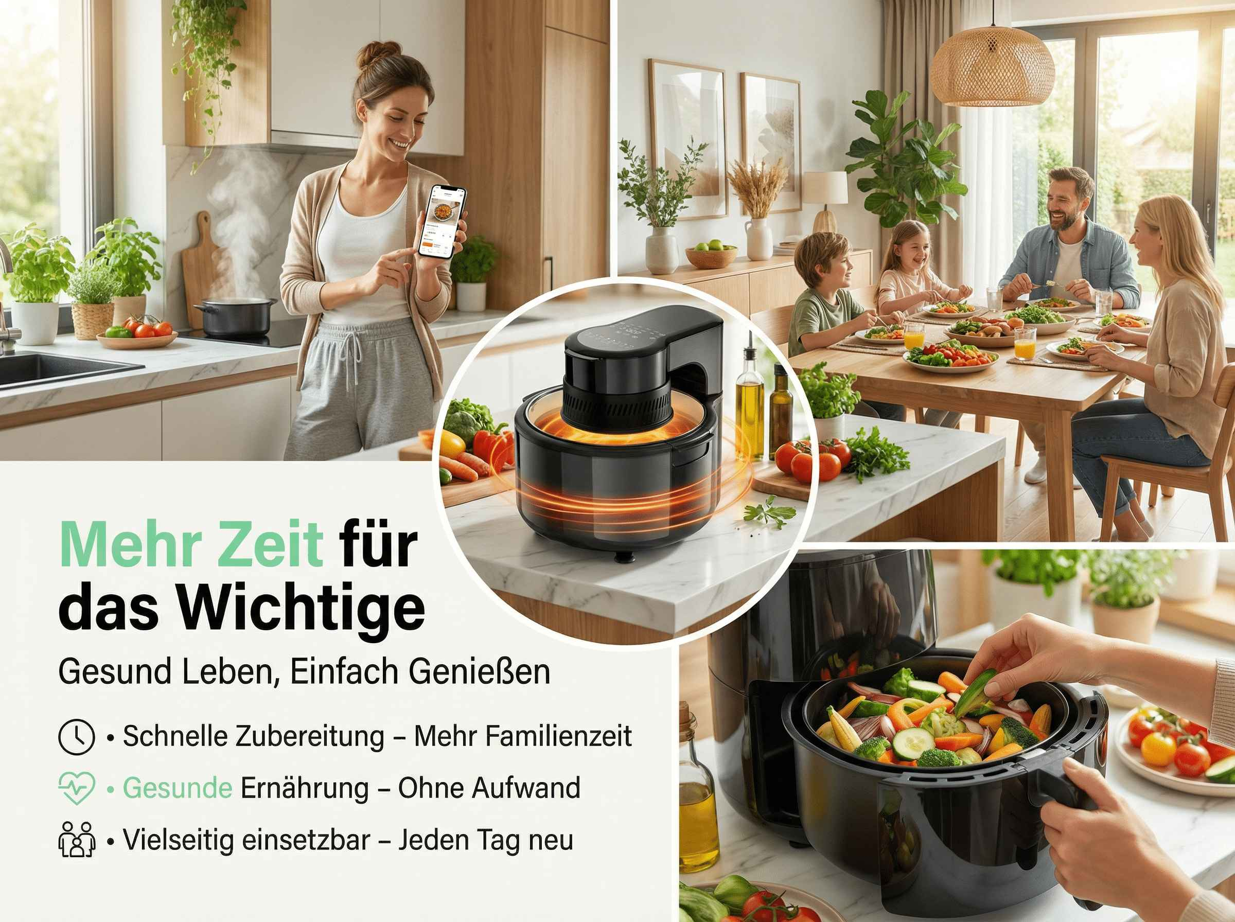 Collage zeigt Familie beim Essen, eine Frau in der Küche und eine Heißluftfritteuse mit Gemüse.