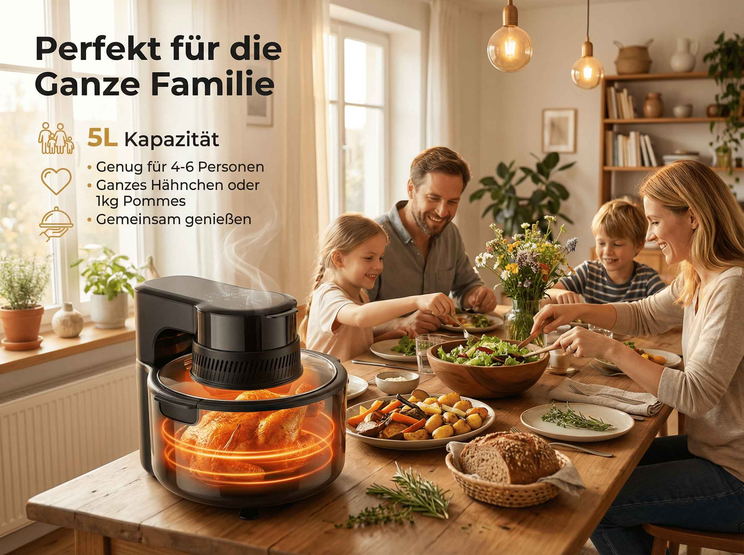 Familie isst am Tisch, ein Hähnchen brät in einem Airfryer.