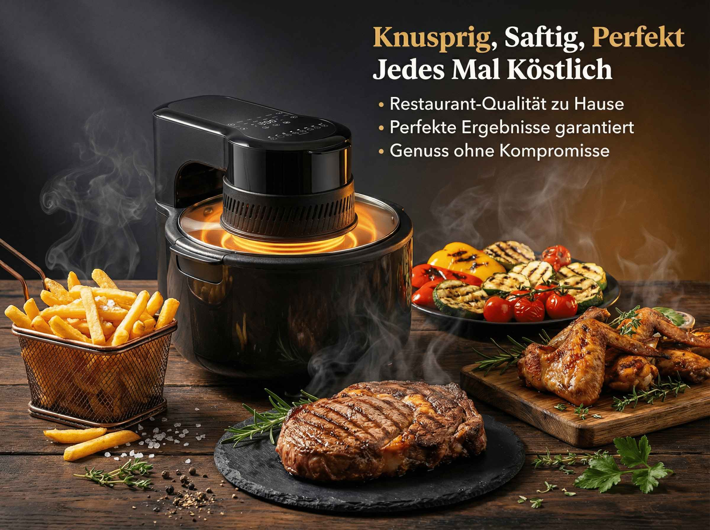 Ein Airfryer mit gegrilltem Steak, Hähnchenflügeln, Pommes und Gemüse.