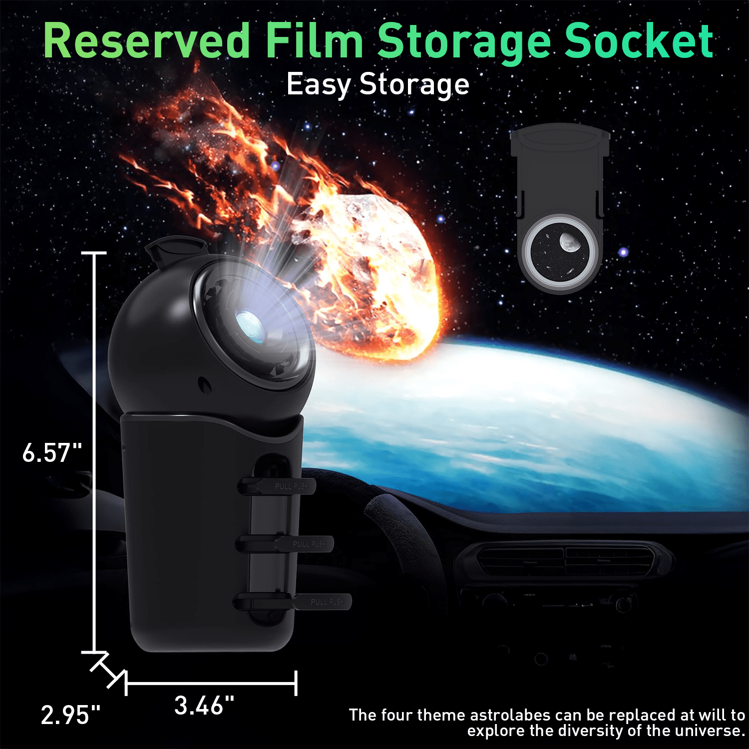 Ein schwarzer Projektor im Auto mit Weltraumthema, der einen Meteor zeigt.