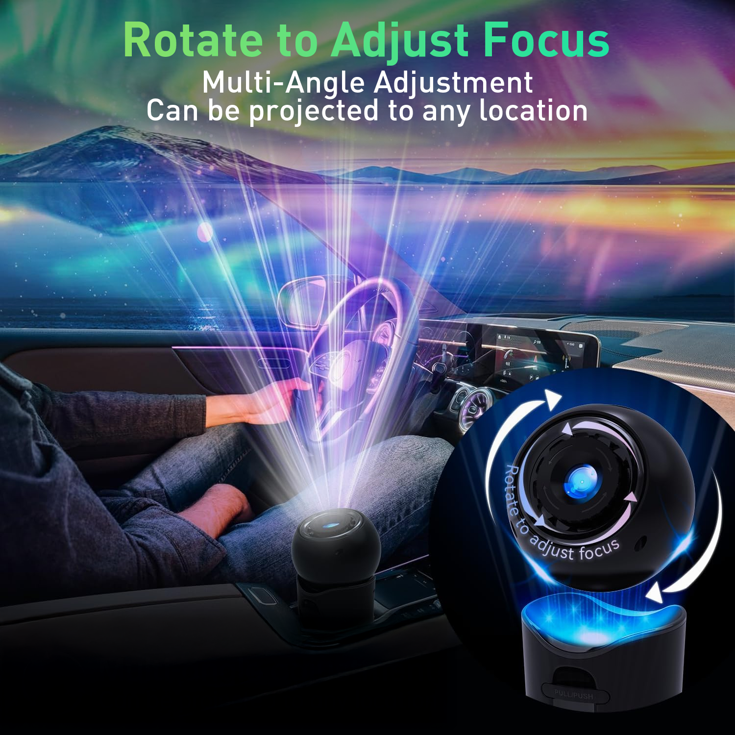 Ein Projektor im Auto wirft Lichtstrahlen auf eine Landschaft.