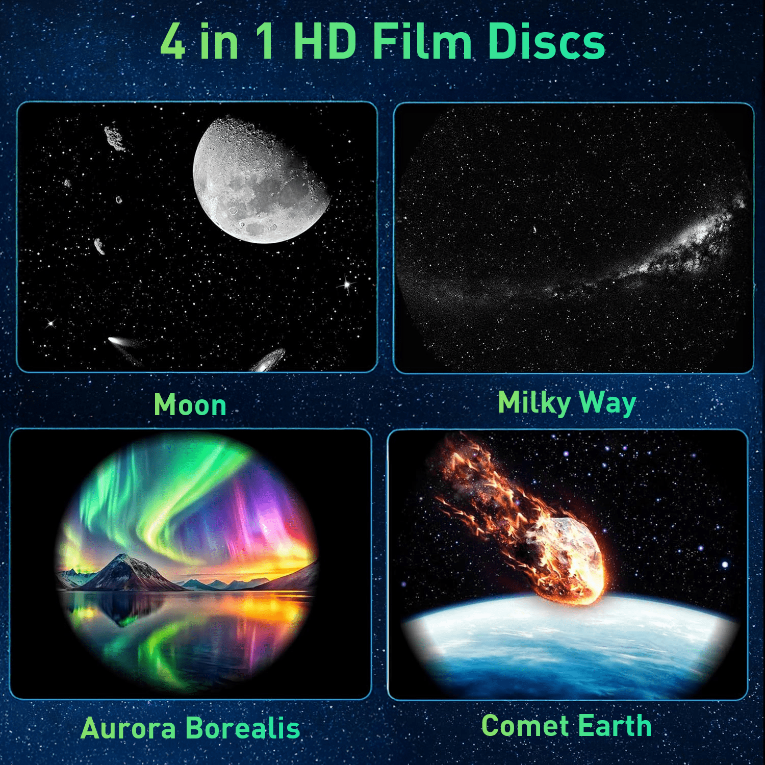 Vier Weltraumbilder: Mond, Milchstraße, Aurora Borealis, Komet.