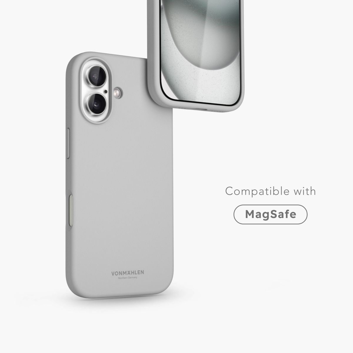 Graue Handyhülle mit MagSafe-Kompatibilität und zwei Kameralinsen.